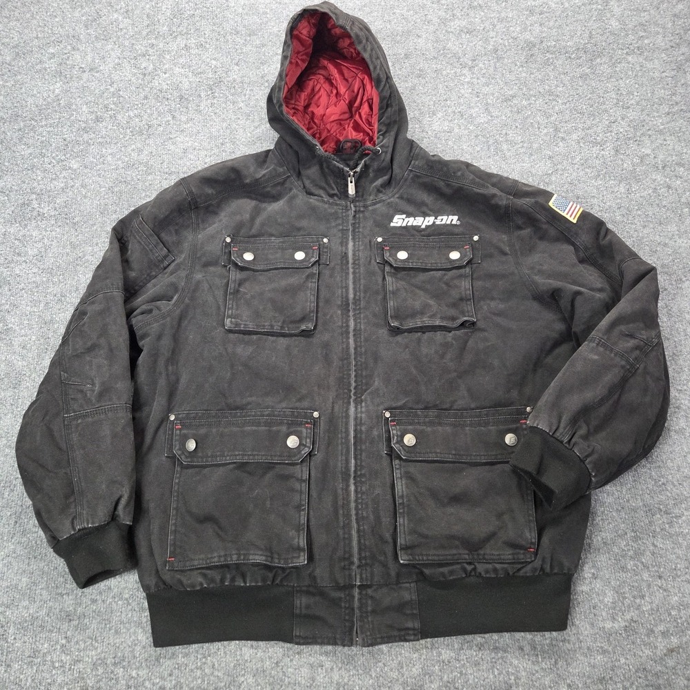 Snap-on Jacket Mens XL‎ Black Hooded Canvas Quilted Bomber Workwear USA Flag